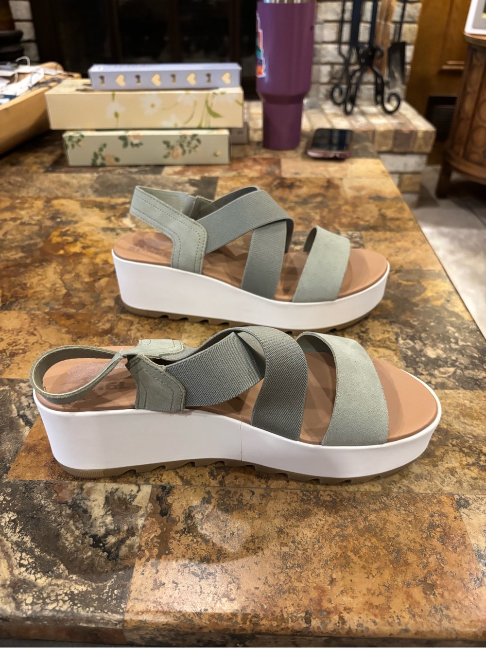 Sorel Women's Light Green Platform Sandals with White Sole